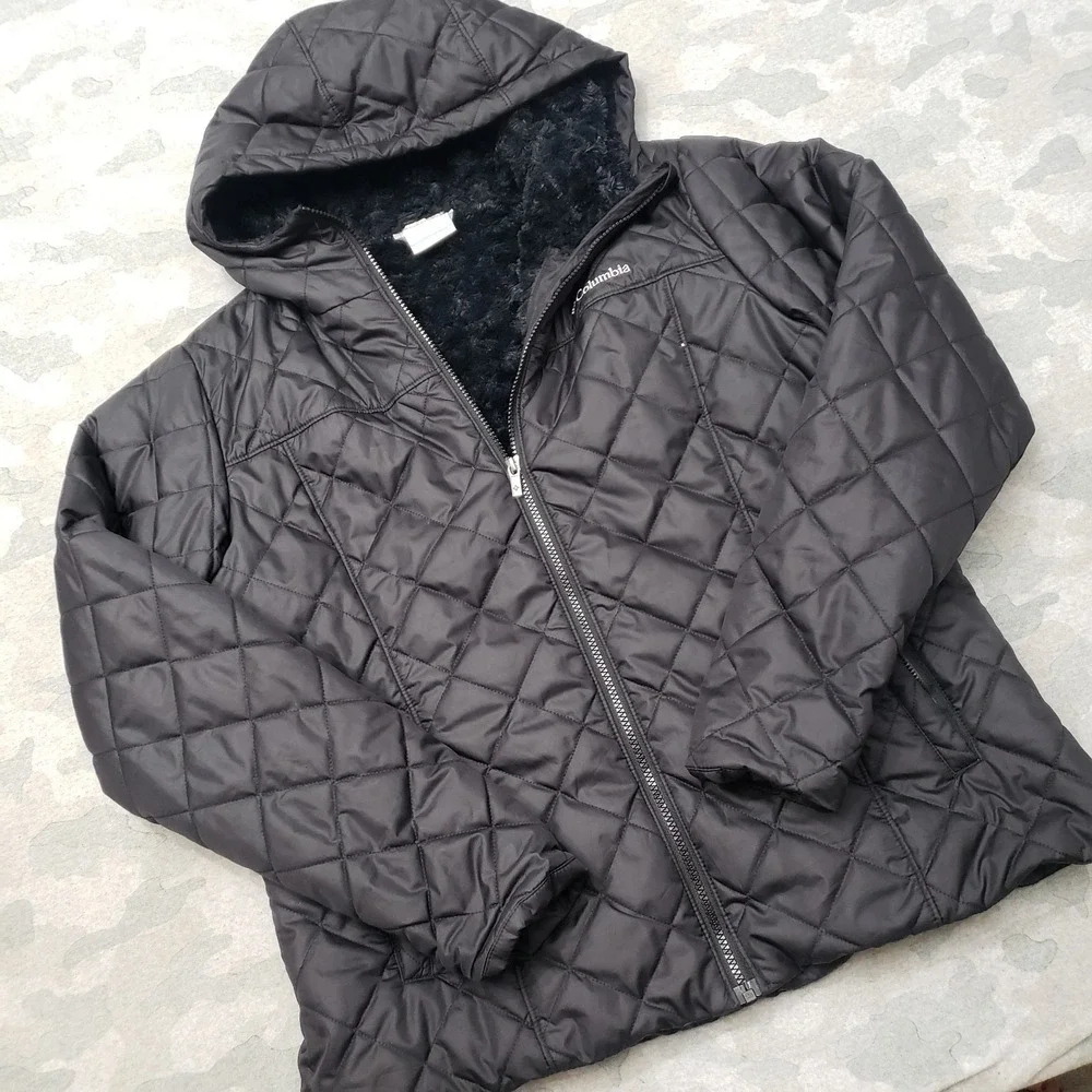 Columbia Jacket Womens XL Black Full Zip Hooded Diamond Quilted Fleece Lined - Picture 2 of 11